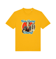 yellow funny offensive t-shirt with the graphic of a retro man holding a fuel pump and the slogan 'two pump chump'