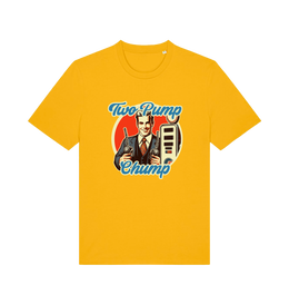 yellow funny offensive t-shirt with the graphic of a retro man holding a fuel pump and the slogan 'two pump chump'