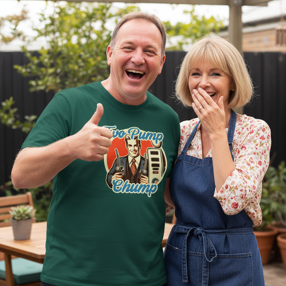 Man wearing a green t-shirt with a graphic design and a woman in a blue apron standing next to him outdoors.