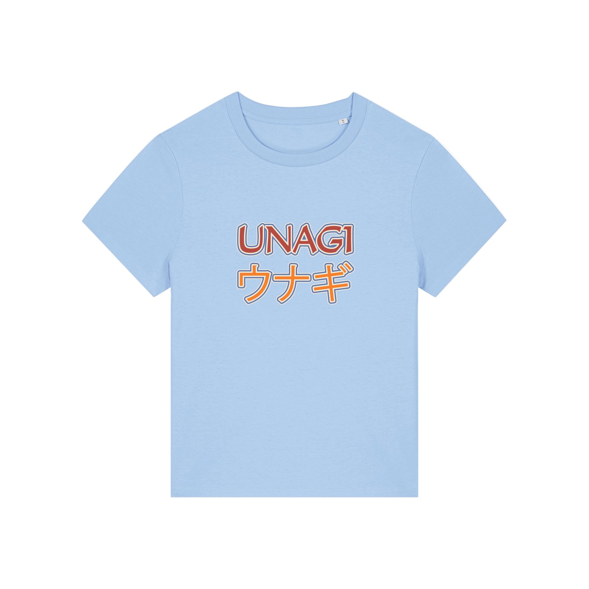 light blue slogan t-shirt, inspired by the tv show friends, with the slogan 'unagi'