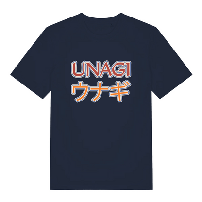 navy women's slogan t-shirt with the text 'unagi'