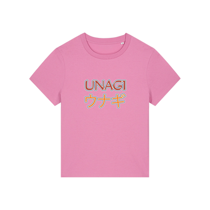 pink slogan t-shirt, inspired by the tv show friends, with the slogan 'unagi'