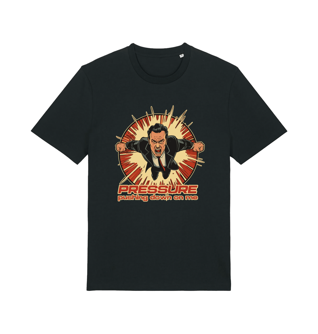 black music t-shirt with the graphic of a man and the slogan 'pressure pushing down on me'