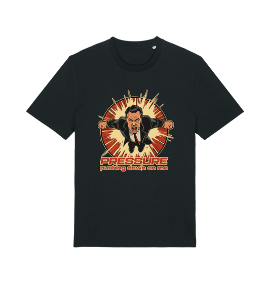 black music t-shirt with the graphic of a man and the slogan 'pressure pushing down on me'