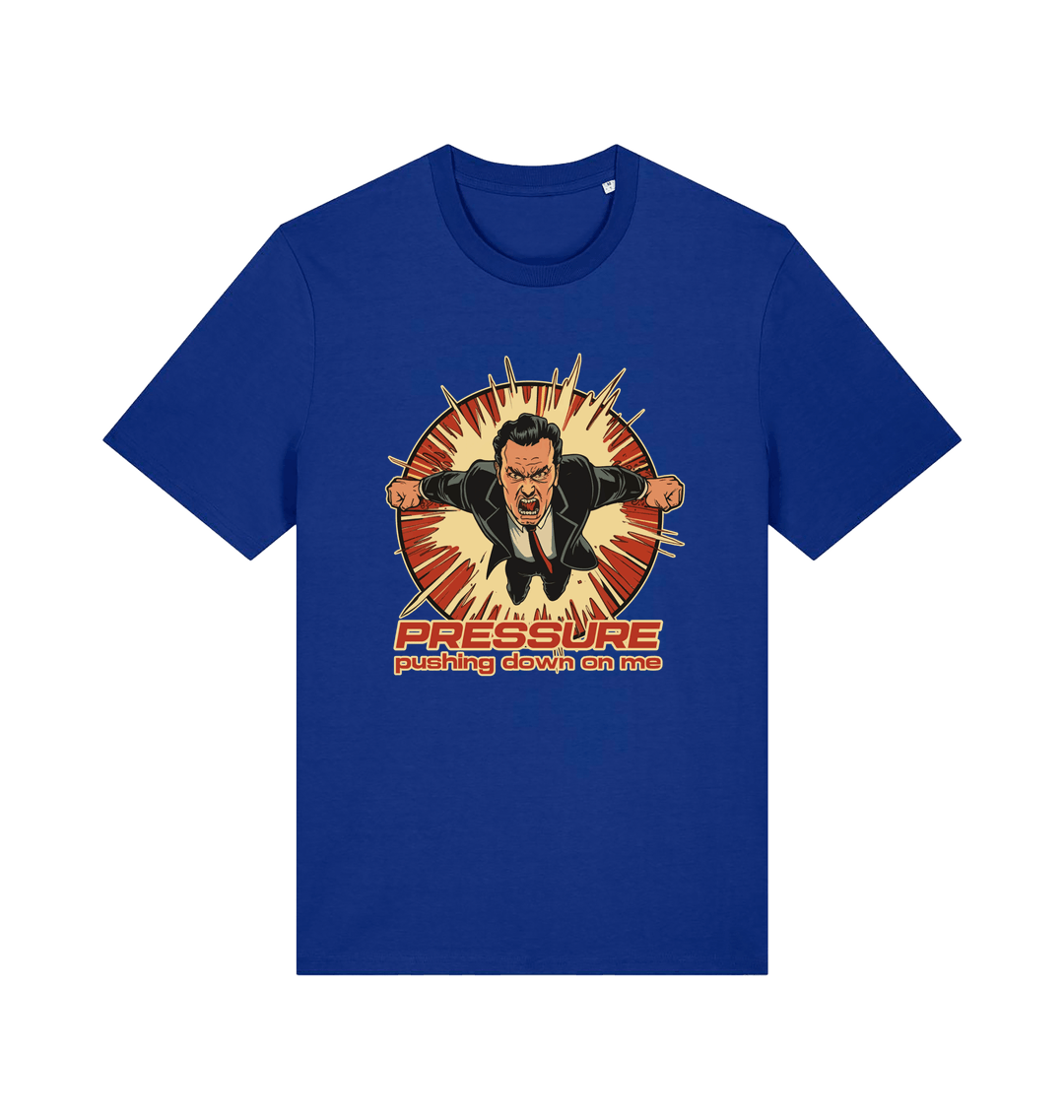 blue music t-shirt with the graphic of a man and the slogan 'pressure pushing down on me'