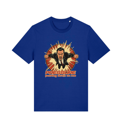 blue music t-shirt with the graphic of a man and the slogan 'pressure pushing down on me'