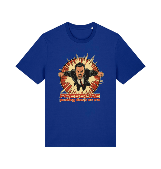 blue music t-shirt with the graphic of a man and the slogan 'pressure pushing down on me'