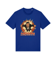 blue music t-shirt with the graphic of a man and the slogan 'pressure pushing down on me'