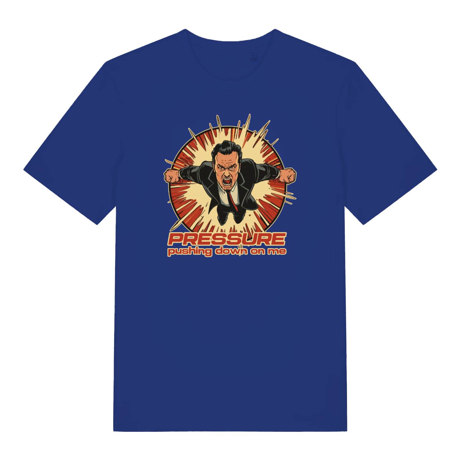 blue music t-shirt with the graphic of a man jumping through the air and the text 'under pressure'