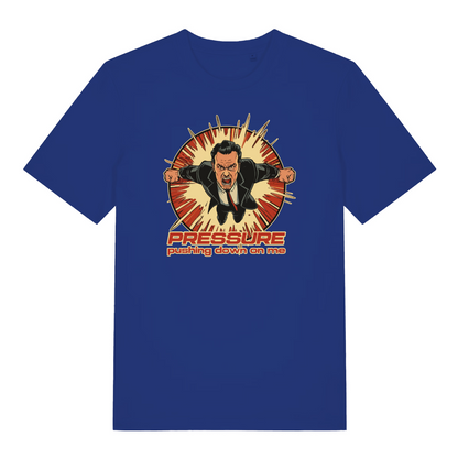 blue music t-shirt with the graphic of a man jumping through the air and the text 'under pressure'