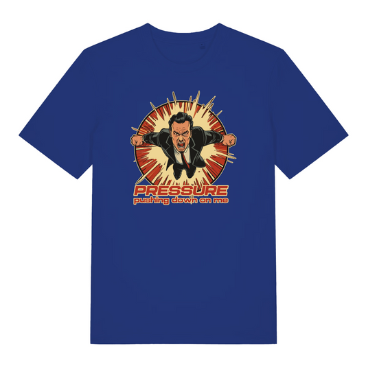blue music t-shirt with the graphic of a man jumping through the air and the text 'under pressure'