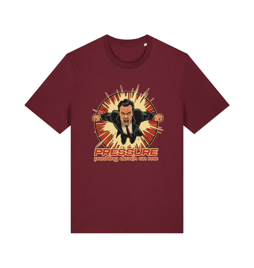burgundy music t-shirt with the graphic of a man and the slogan 'pressure pushing down on me'