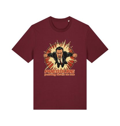 burgundy music t-shirt with the graphic of a man and the slogan 'pressure pushing down on me'