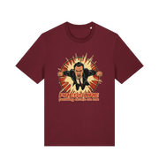 burgundy music t-shirt with the graphic of a man and the slogan 'pressure pushing down on me'