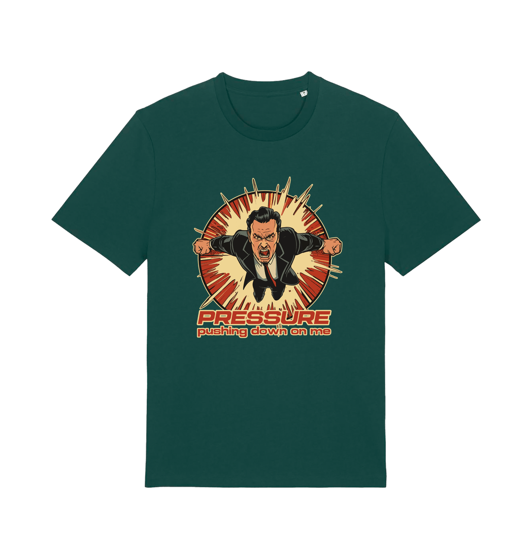 green music t-shirt with the graphic of a man and the slogan 'pressure pushing down on me'