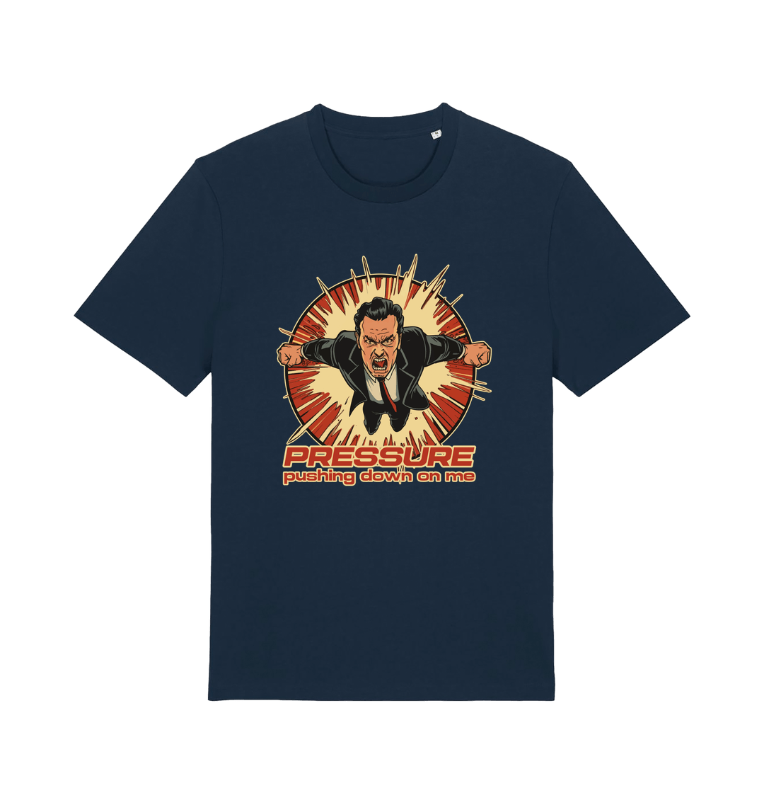 navy music t-shirt with the graphic of a man and the slogan 'pressure pushing down on me'