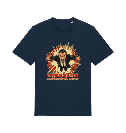 navy music t-shirt with the graphic of a man and the slogan 'pressure pushing down on me'