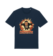 navy music t-shirt with the graphic of a man and the slogan 'pressure pushing down on me'