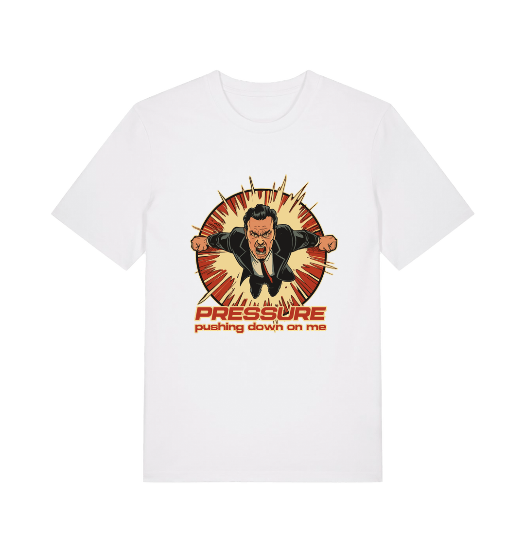 white music t-shirt with the graphic of a man and the slogan 'pressure pushing down on me'