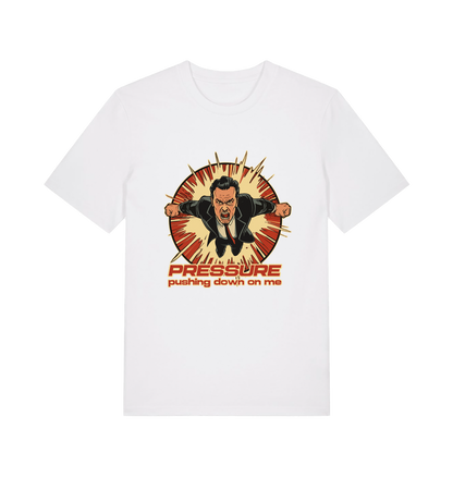 white music t-shirt with the graphic of a man and the slogan 'pressure pushing down on me'