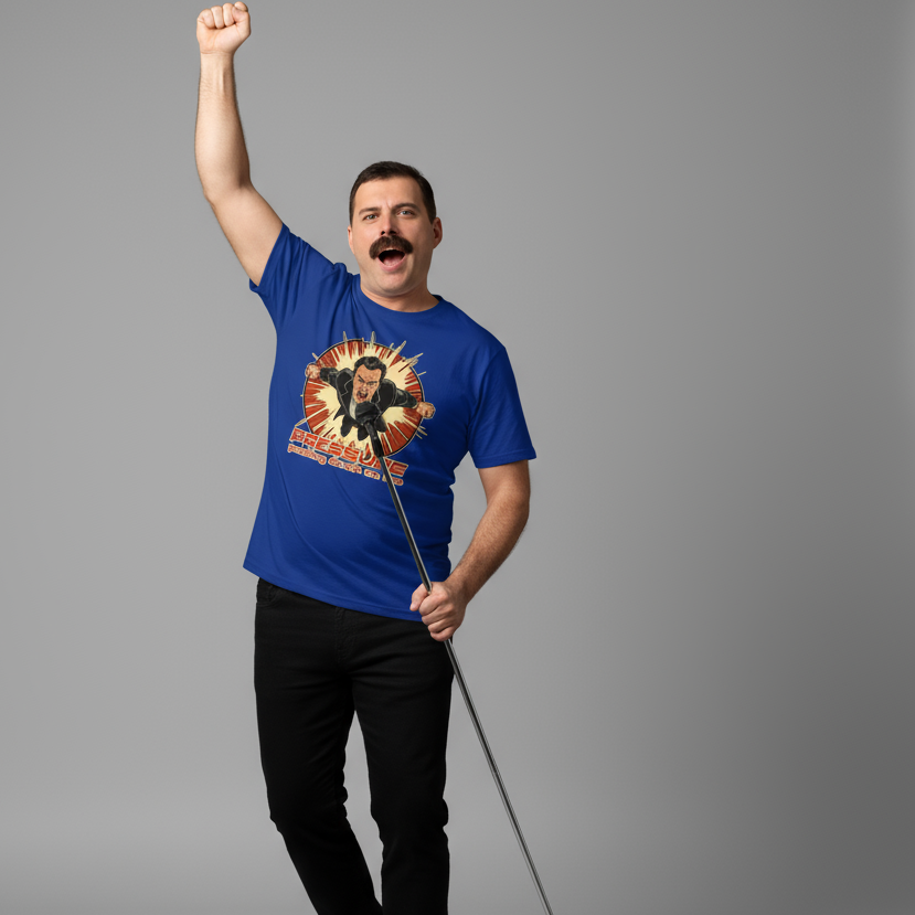 Man wearing a blue t-shirt with a graphic design on a gray background