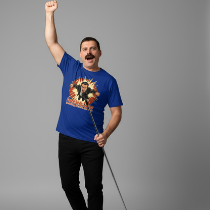 Man wearing a blue t-shirt with a graphic design on a gray background