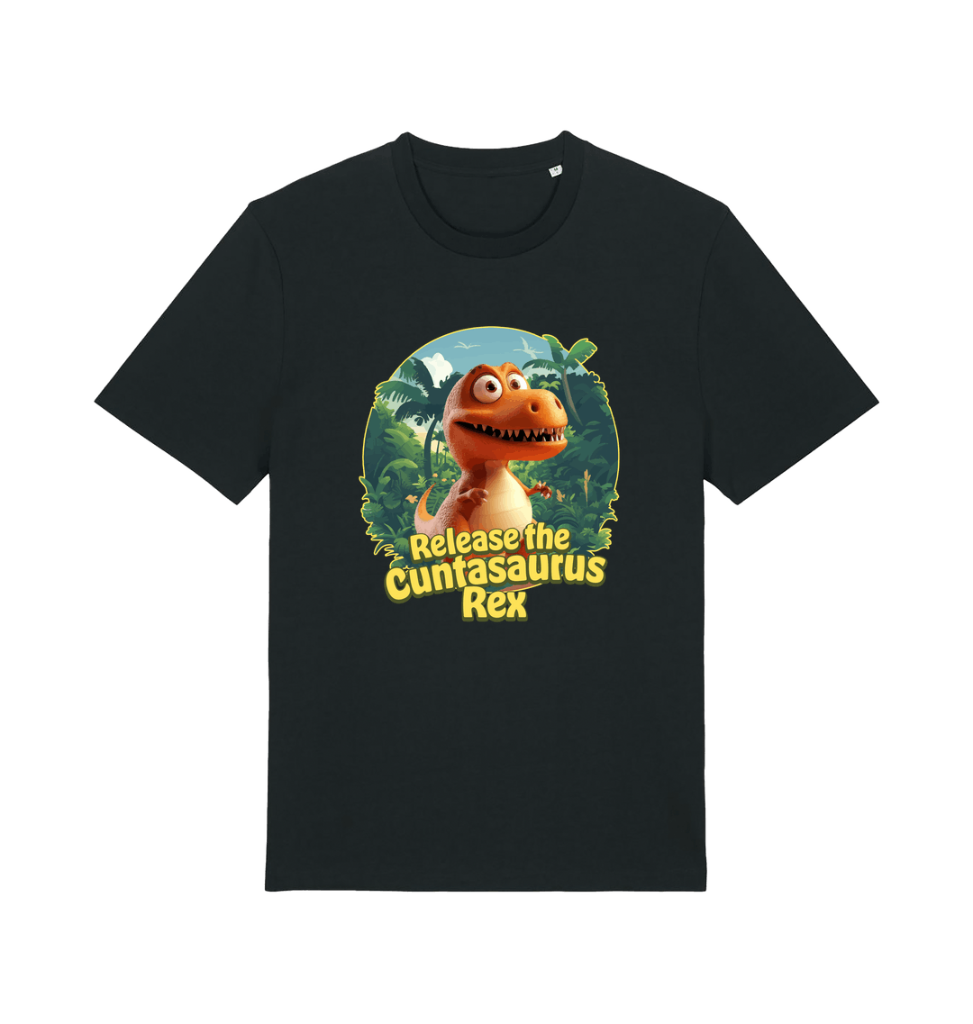 black funny offensive t-shirt with the graphic of a dinosaur and the slogan 'release the cuntasaurus rex'