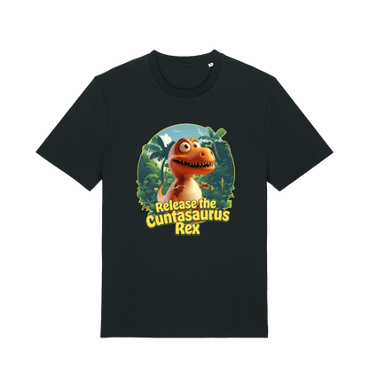 black funny offensive t-shirt with the graphic of a dinosaur and the slogan 'release the cuntasaurus rex'