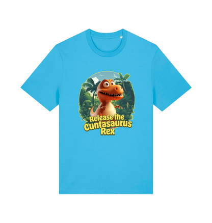 blue funny offensive t-shirt with the graphic of a dinosaur and the slogan 'release the cuntasaurus rex'