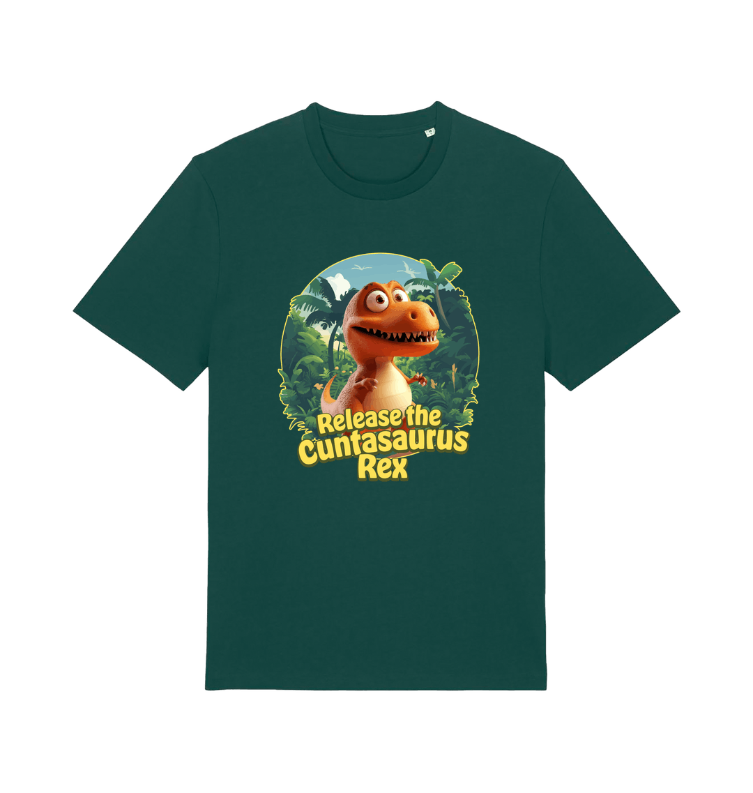 green funny offensive t-shirt with the graphic of a dinosaur and the slogan 'release the cuntasaurus rex'