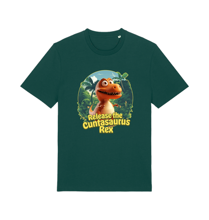 green funny offensive t-shirt with the graphic of a dinosaur and the slogan 'release the cuntasaurus rex'