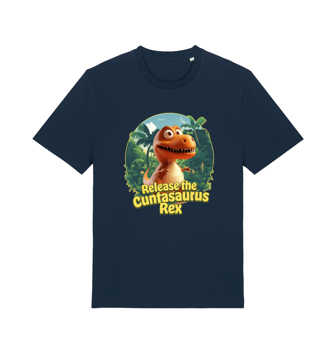 navy funny offensive t-shirt with the graphic of a dinosaur and the slogan 'release the cuntasaurus rex'