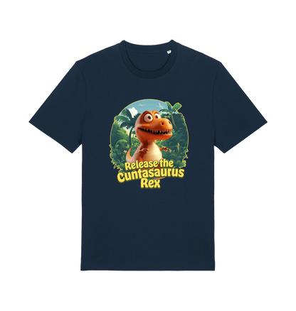 navy funny offensive t-shirt with the graphic of a dinosaur and the slogan 'release the cuntasaurus rex'