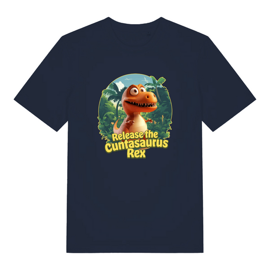 navy funny offensive t-shirt with a dinosaur graphic and the text 'release the cuntasaurus rex'