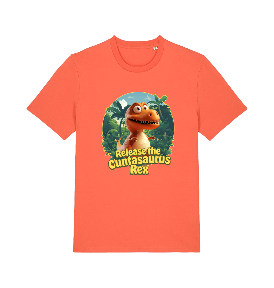 orange funny offensive t-shirt with the graphic of a dinosaur and the slogan 'release the cuntasaurus rex'