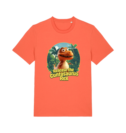 orange funny offensive t-shirt with the graphic of a dinosaur and the slogan 'release the cuntasaurus rex'