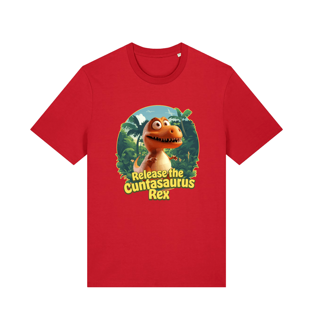 red funny offensive t-shirt with the graphic of a dinosaur and the slogan 'release the cuntasaurus rex'