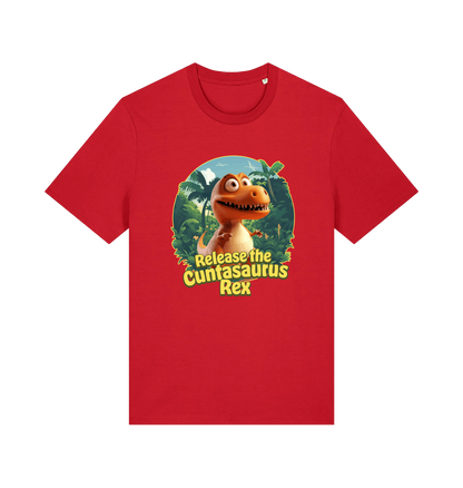 red funny offensive t-shirt with the graphic of a dinosaur and the slogan 'release the cuntasaurus rex'