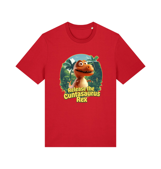 red funny offensive t-shirt with the graphic of a dinosaur and the slogan 'release the cuntasaurus rex'