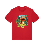 red funny offensive t-shirt with the graphic of a dinosaur and the slogan 'release the cuntasaurus rex'