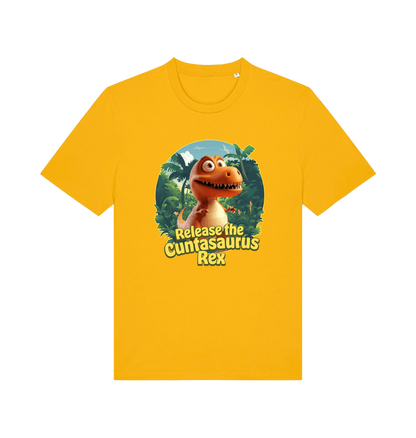 yellow funny offensive t-shirt with the graphic of a dinosaur and the slogan 'release the cuntasaurus rex'