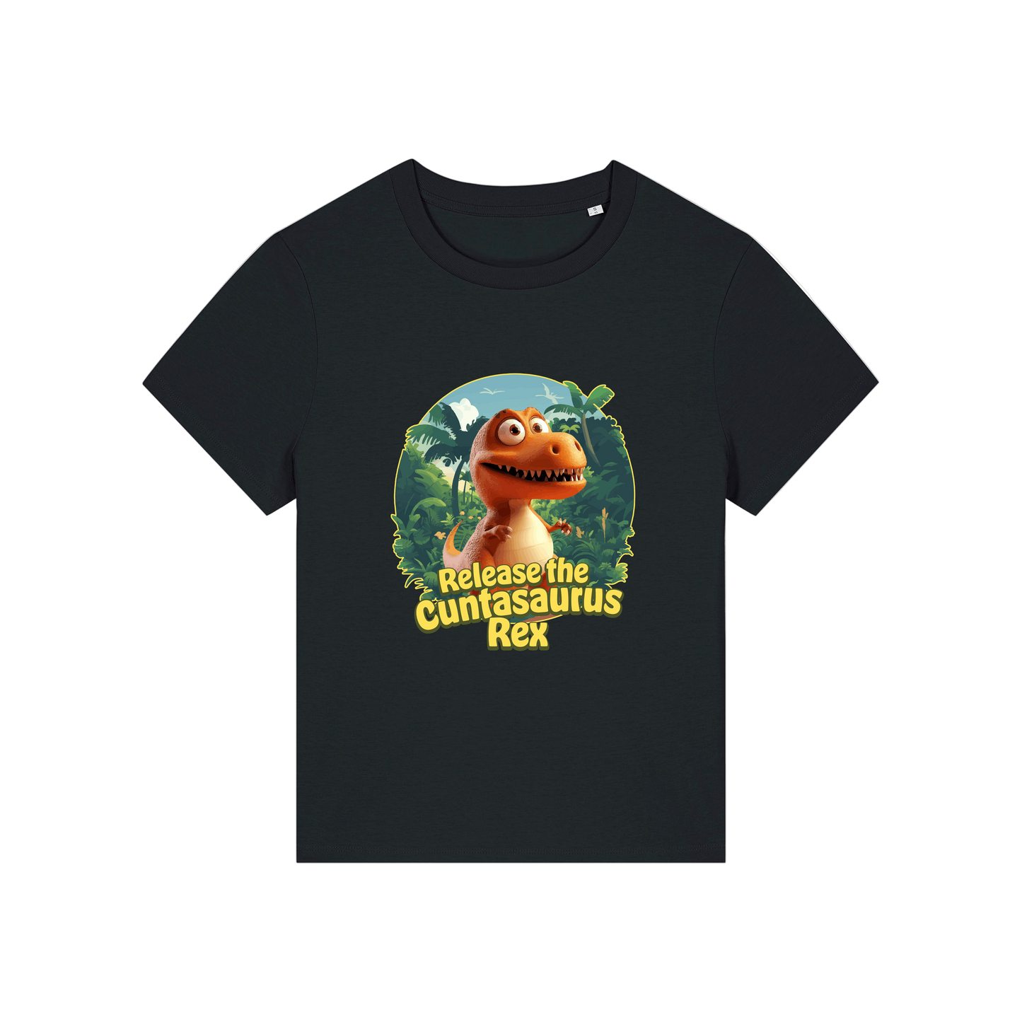 black funny offensive t-shirt with the graphic of a dinosaur and the slogan 'unleash the cuntasaurus rex'