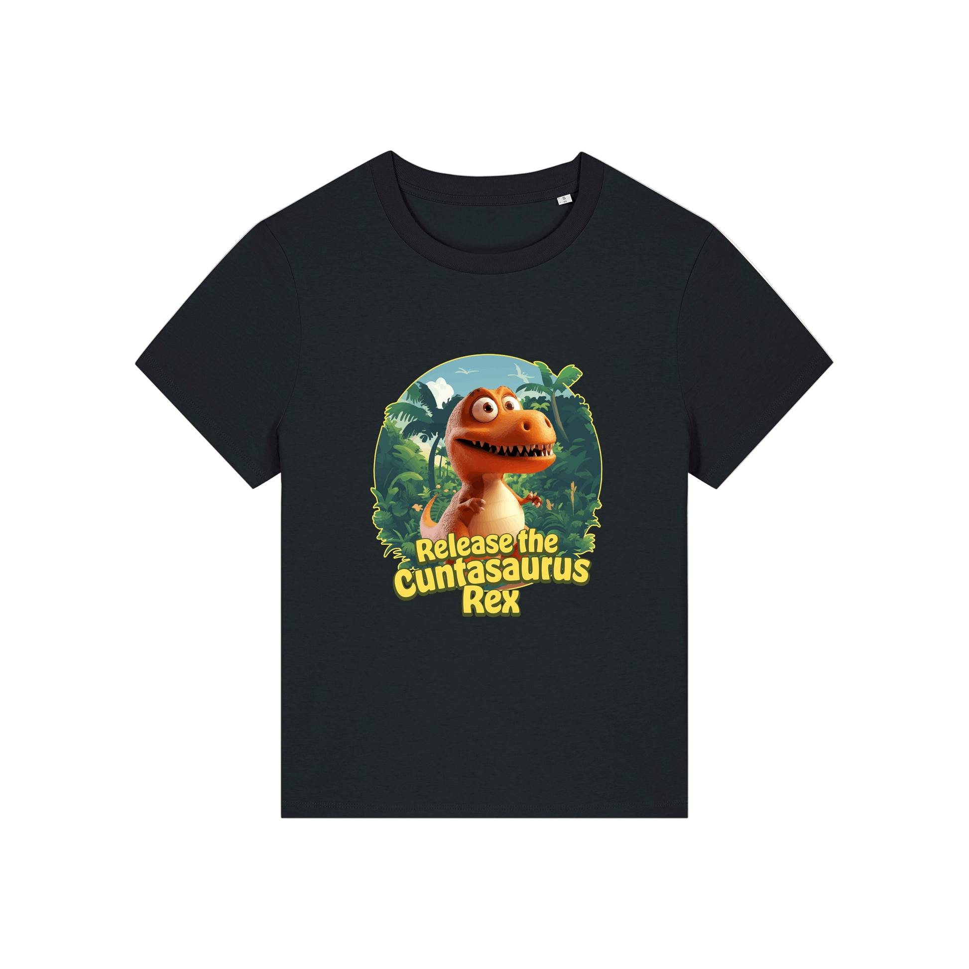 black funny offensive t-shirt with the graphic of a dinosaur and the slogan 'unleash the cuntasaurus rex'