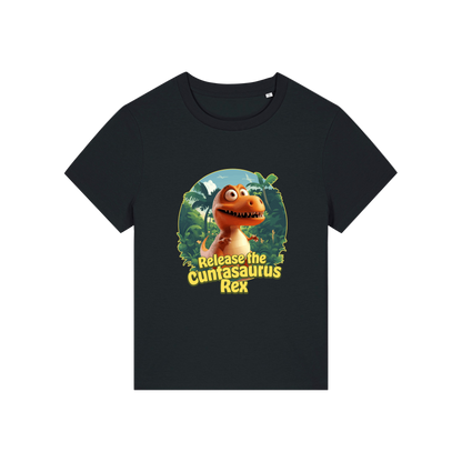 black funny offensive t-shirt with the graphic of a dinosaur and the slogan 'unleash the cuntasaurus rex'