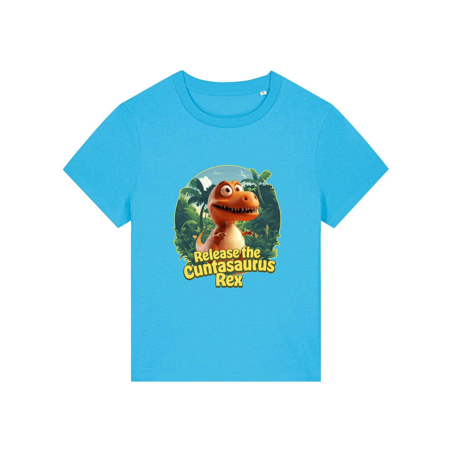 blue funny offensive t-shirt with the graphic of a dinosaur and the slogan 'unleash the cuntasaurus rex'