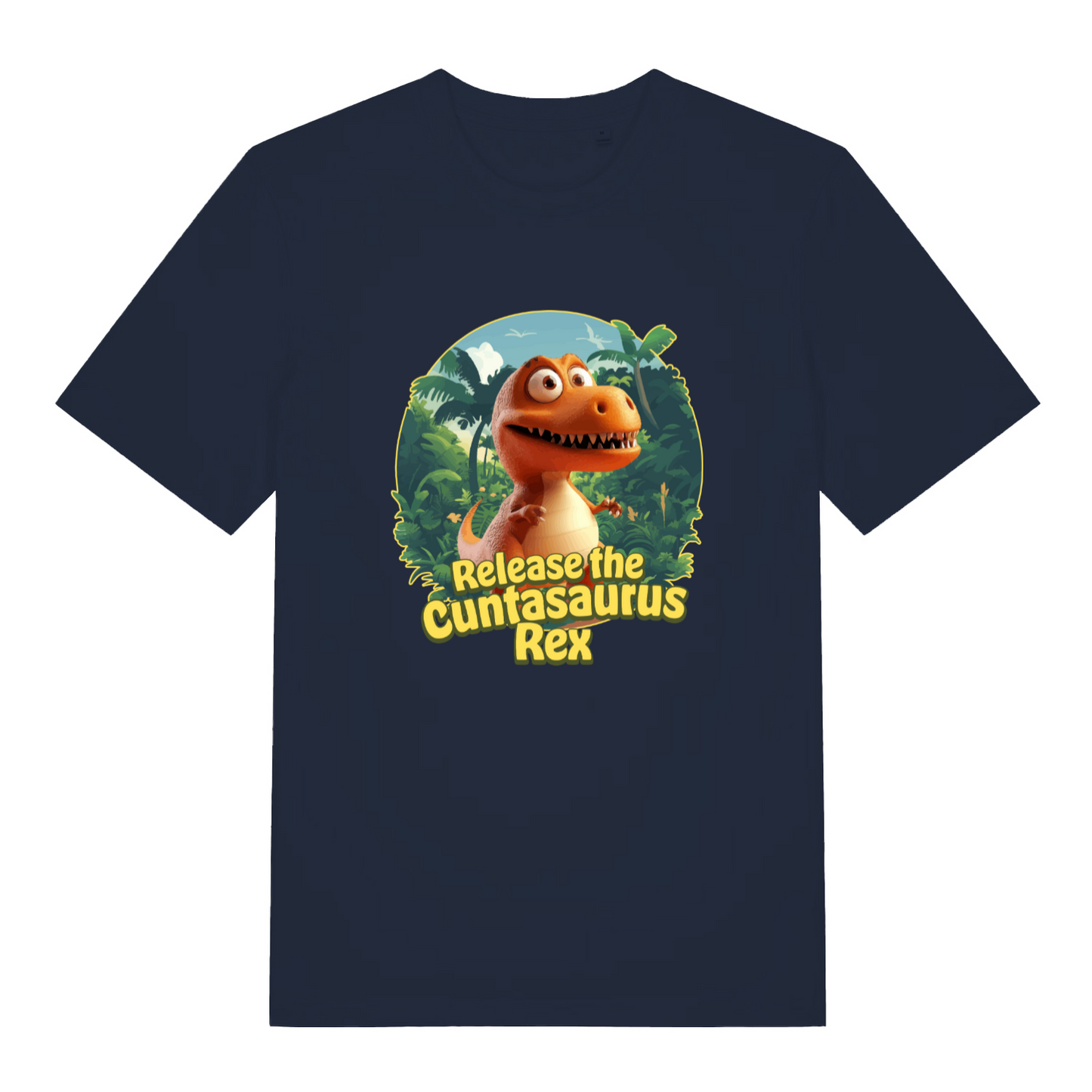 navy women's funny offensive t-shirt with the graphic of a dinosaur and the slogan 'release the cuntasaurus rex'