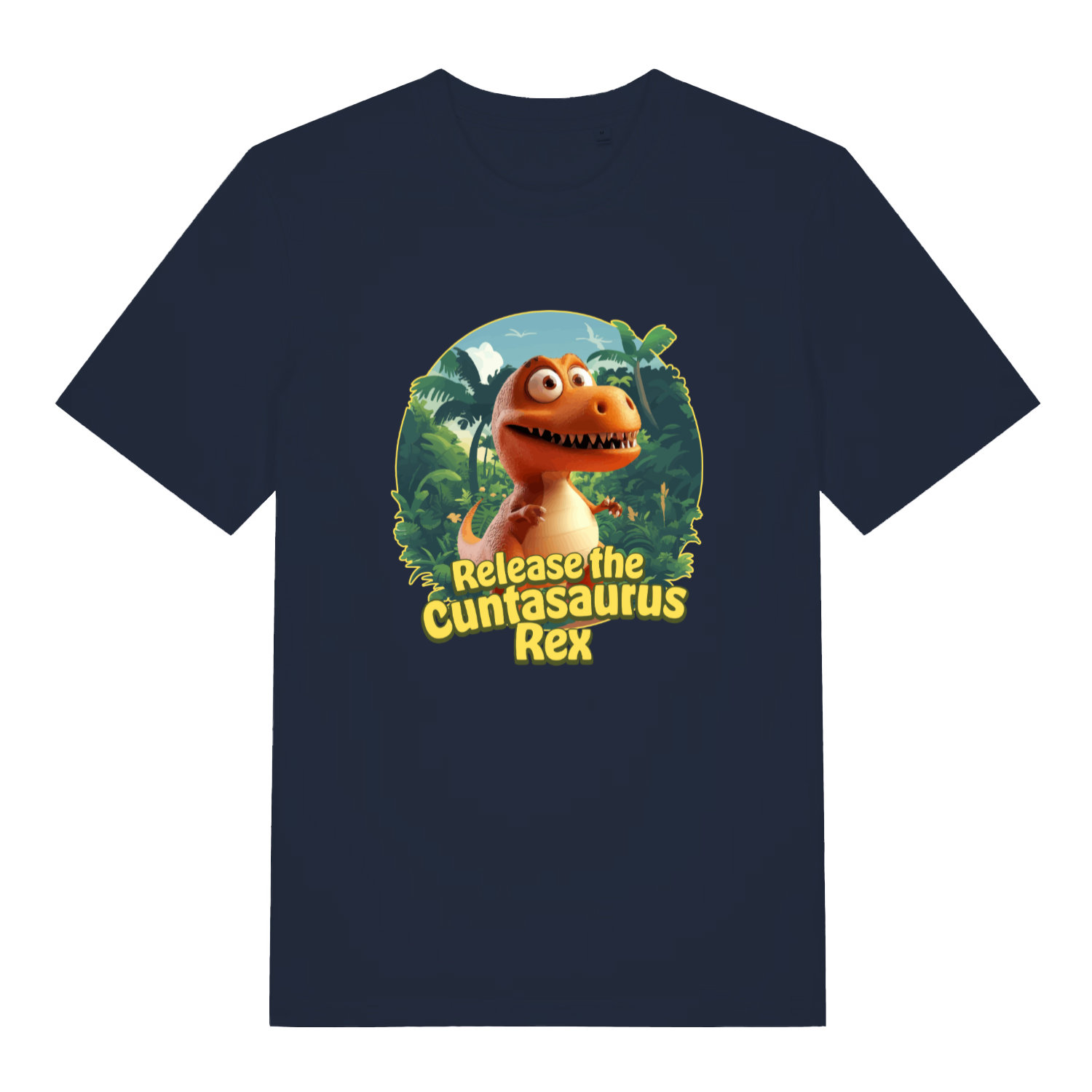 navy women's funny offensive t-shirt with the graphic of a dinosaur and the slogan 'release the cuntasaurus rex'