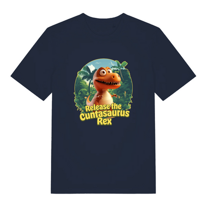 navy women's funny offensive t-shirt with the graphic of a dinosaur and the slogan 'release the cuntasaurus rex'