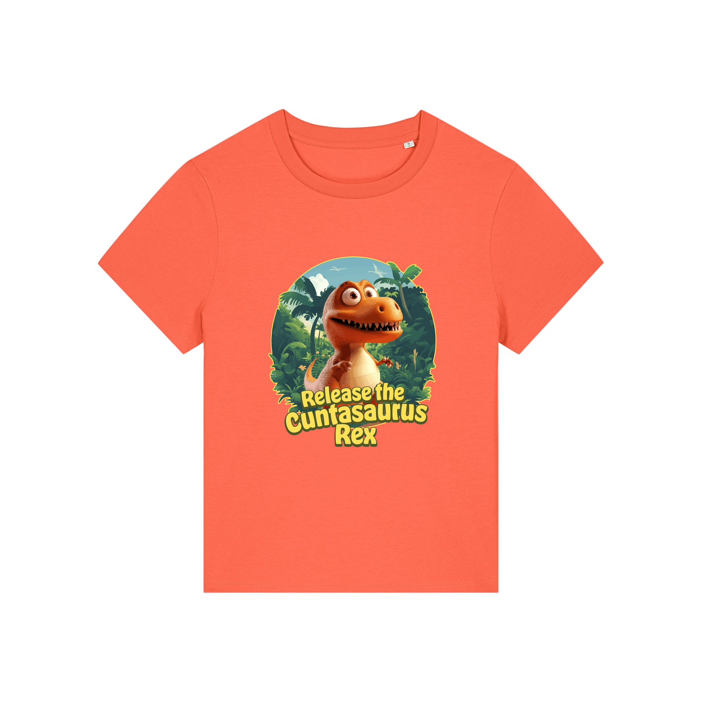 orange funny offensive t-shirt with the graphic of a dinosaur and the slogan 'unleash the cuntasaurus rex'