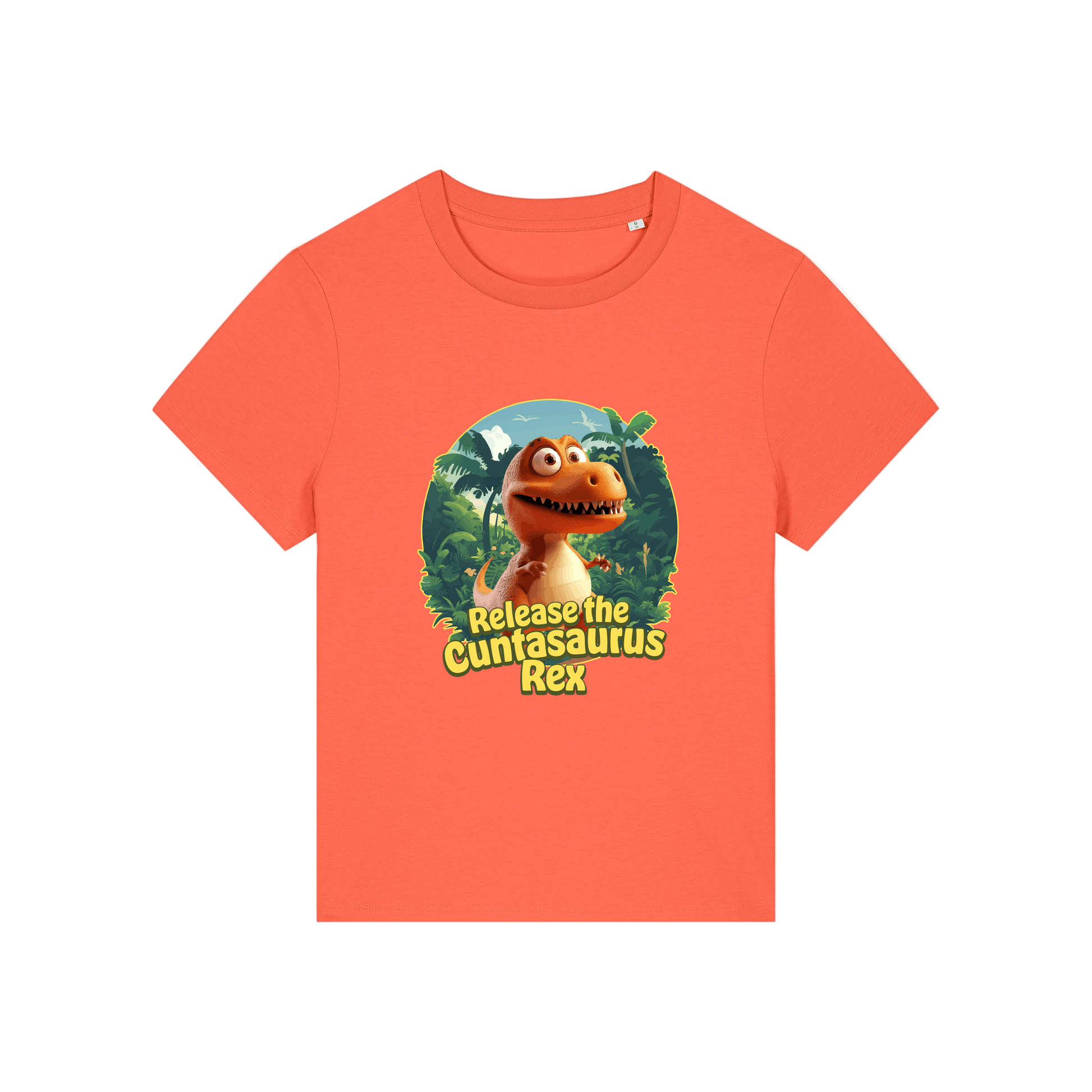 orange funny offensive t-shirt with the graphic of a dinosaur and the slogan 'unleash the cuntasaurus rex'